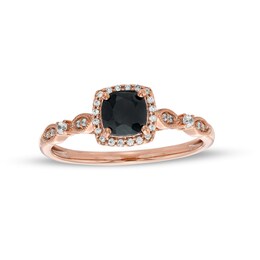 Cushion-Cut Black Sapphire and 1/10 CT. T.W. Diamond Frame Art Deco Vintage-Style Engagement Ring in 10K Rose Gold