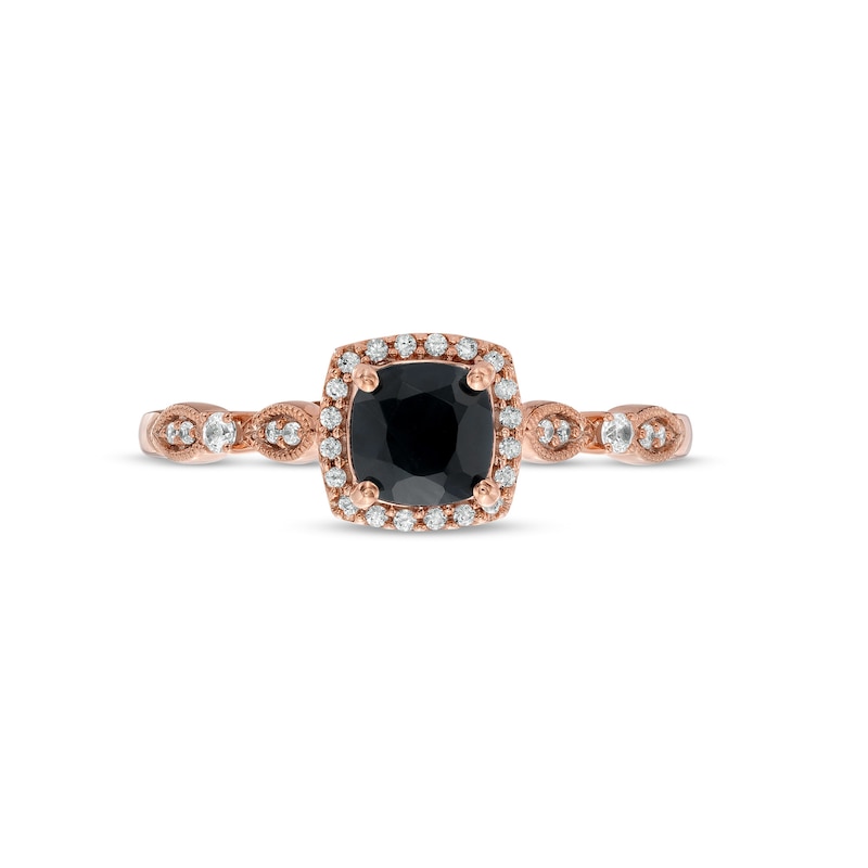Main Image 4 of Cushion-Cut Black Sapphire and 1/10 CT. T.W. Diamond Frame Art Deco Vintage-Style Engagement Ring in 10K Rose Gold