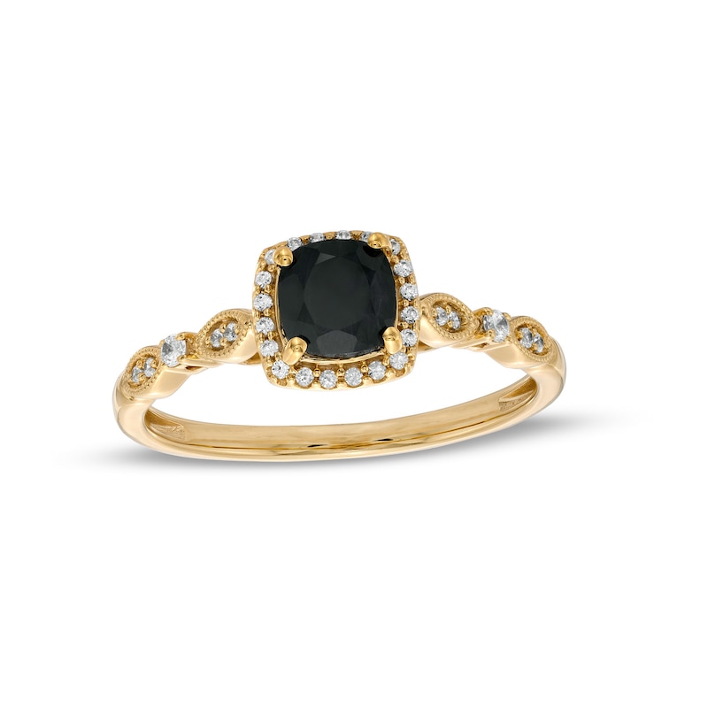 Main Image 1 of 5.0mm Cushion-Cut Black Sapphire and 1/10 CT. T.W. Diamond Frame Art Deco Vintage-Style Engagement Ring in 10K Gold