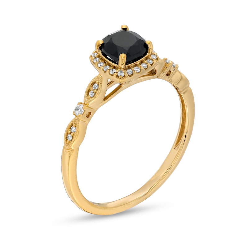 Main Image 3 of 5.0mm Cushion-Cut Black Sapphire and 1/10 CT. T.W. Diamond Frame Art Deco Vintage-Style Engagement Ring in 10K Gold