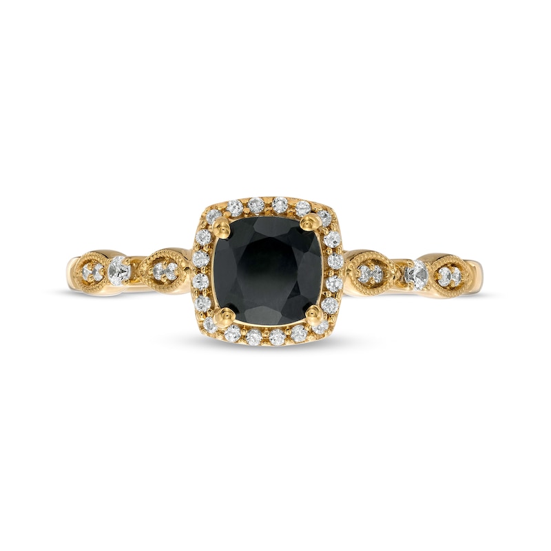 Main Image 4 of 5.0mm Cushion-Cut Black Sapphire and 1/10 CT. T.W. Diamond Frame Art Deco Vintage-Style Engagement Ring in 10K Gold