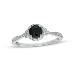 5.0mm Black Sapphire and 1/10 CT. T.W. Diamond Framed Tri-Sides Vintage-Style Engagement Ring in 10K White Gold