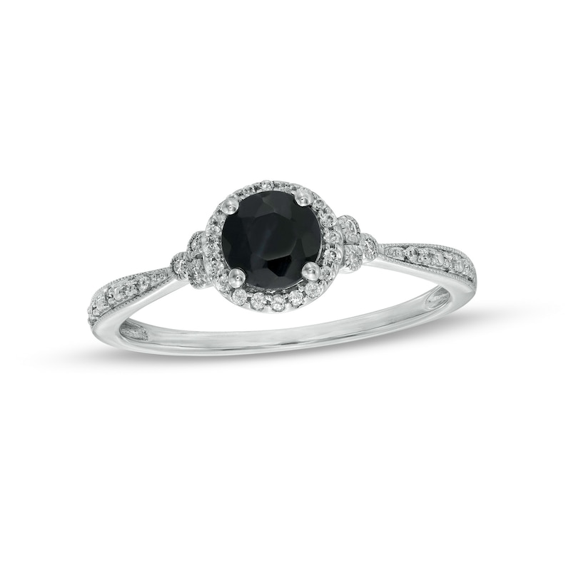 Main Image 1 of 5.0mm Black Sapphire and 1/10 CT. T.W. Diamond Framed Tri-Sides Vintage-Style Engagement Ring in 10K White Gold