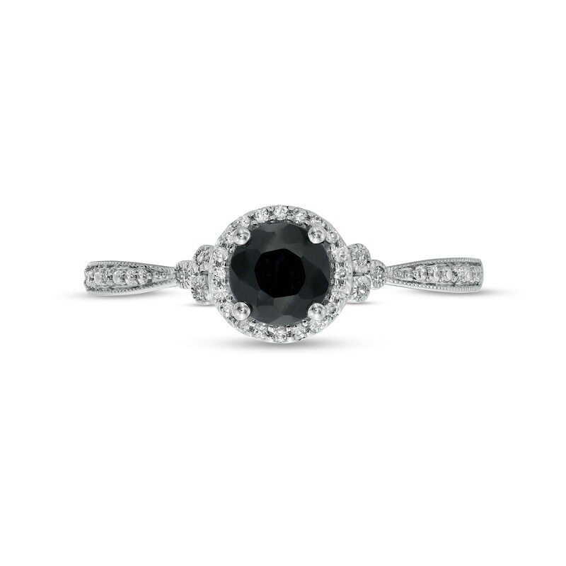 Main Image 4 of 5.0mm Black Sapphire and 1/10 CT. T.W. Diamond Framed Tri-Sides Vintage-Style Engagement Ring in 10K White Gold
