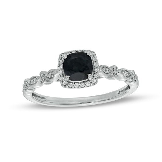 Cushion-Cut Black Sapphire and 1/10 CT. T.w. Diamond Frame Art Deco Vintage-Style Engagement Ring in 10K White Gold