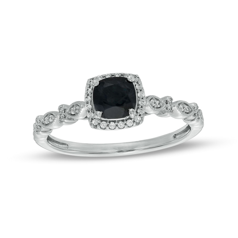 Main Image 1 of Cushion-Cut Black Sapphire and 1/10 CT. T.W. Diamond Frame Art Deco Vintage-Style Engagement Ring in 10K White Gold