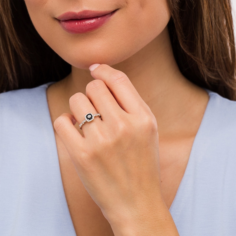 Main Image 2 of Cushion-Cut Black Sapphire and 1/10 CT. T.W. Diamond Frame Art Deco Vintage-Style Engagement Ring in 10K White Gold