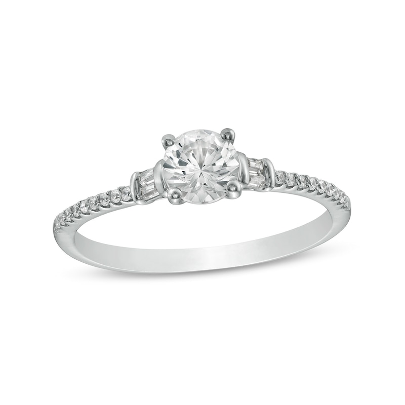 Main Image 1 of White Lab-Created Sapphire and 1/10 CT. T.W. Baguette and Round Diamond Side Accent Engagement Ring in 10K White Gold