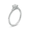 Thumbnail Image 3 of White Lab-Created Sapphire and 1/10 CT. T.W. Baguette and Round Diamond Side Accent Engagement Ring in 10K White Gold