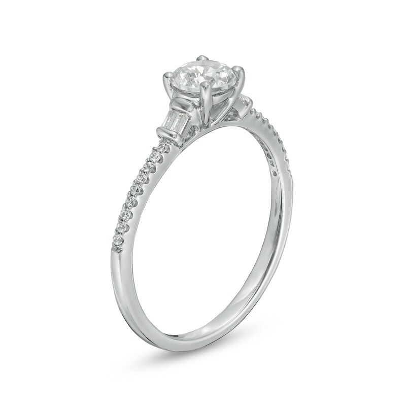 Main Image 3 of White Lab-Created Sapphire and 1/10 CT. T.W. Baguette and Round Diamond Side Accent Engagement Ring in 10K White Gold