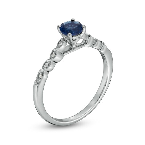 5.0mm Blue Lab-Created Sapphire and Diamond Accent Cascade Shank Engagement Ring in Sterling Silver