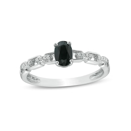 Oval Black Sapphire and 1/20 CT. T.W. Diamond Chain Link Shank Engagement Ring in Sterling Silver