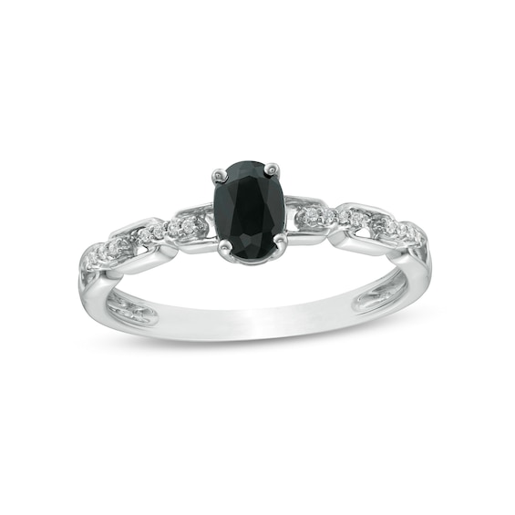 Oval Black Sapphire and 1/20 CT. T.w. Diamond Chain Link Shank Engagement Ring in Sterling Silver