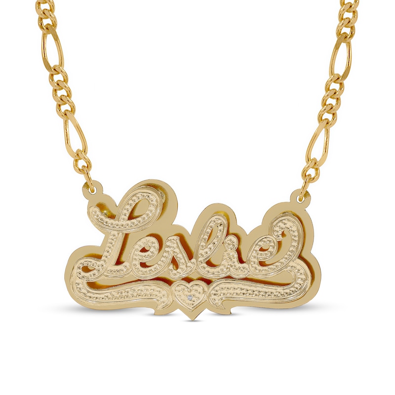 Diamond Accent Hammered Script Name with Heart Ribbon Accent Plate Necklace in 14K Gold Over Silver (1 Line)