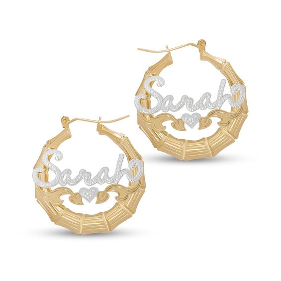 Hammered Script Name with Triple Heart Ribbon Bamboo Hoop Earrings in Sterling Silver and 14K Gold Over Silver (1 Line)