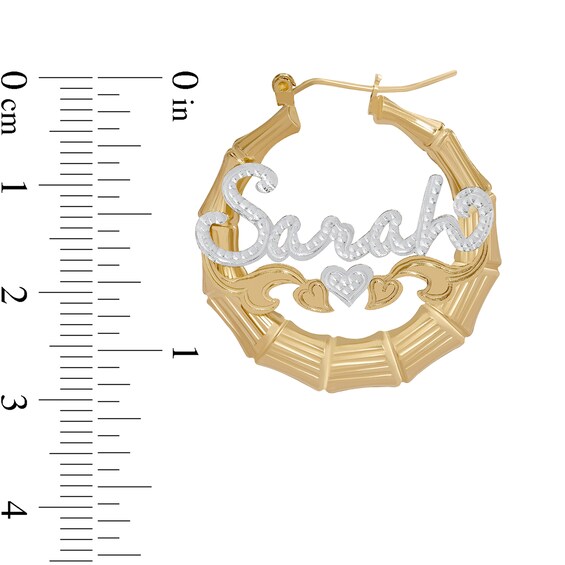 Hammered Script Name with Triple Heart Ribbon Bamboo Hoop Earrings in Sterling Silver and 14K Gold Over Silver (1 Line)