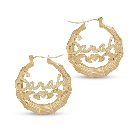 Hammered Script Name with Triple Heart Ribbon Accent Bamboo Hoop Earrings in 14K Gold Over Silver (1 Line)