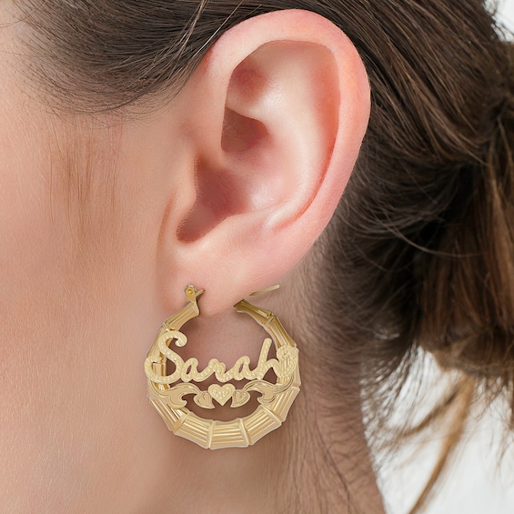 Hammered Script Name with Triple Heart Ribbon Accent Bamboo Hoop Earrings in 14K Gold Over Silver (1 Line)