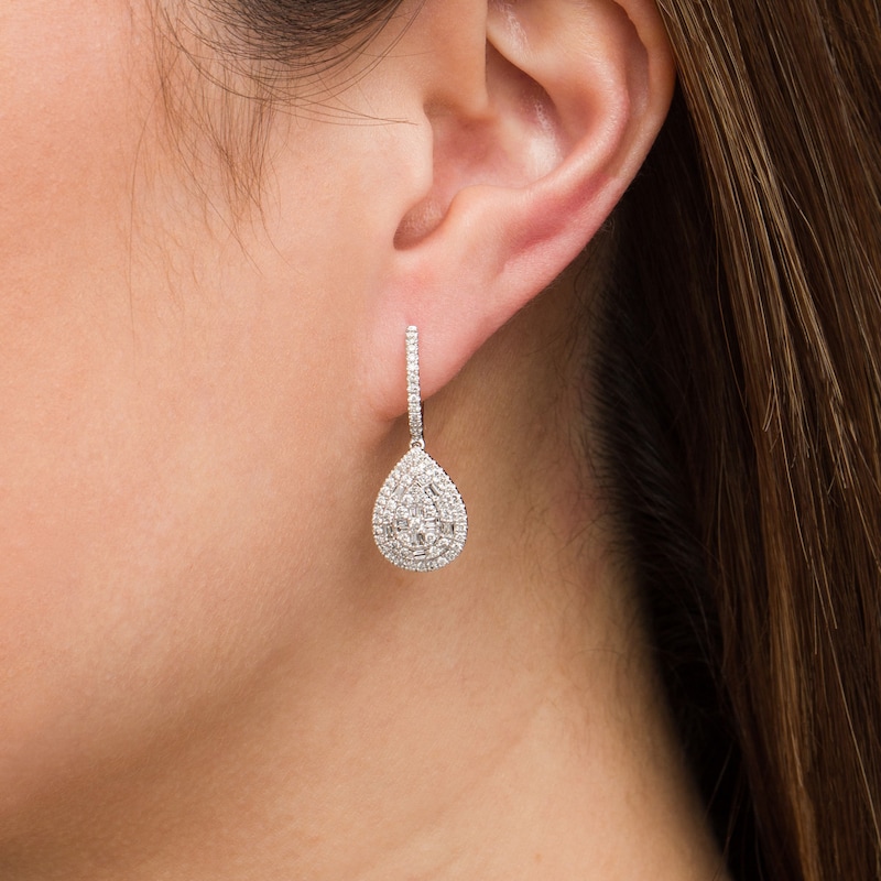 Main Image 2 of 1 CT. T.W. Pear-Shaped Multi-Diamond Double Frame Drop Earrings in 10K White Gold