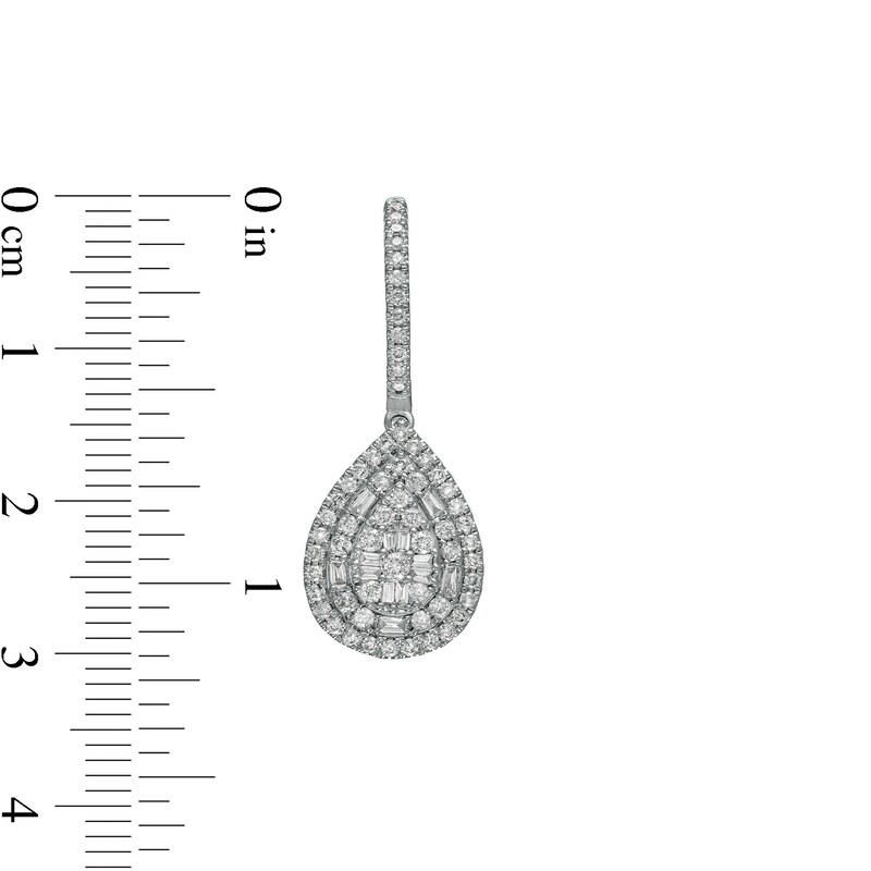 Main Image 3 of 1 CT. T.W. Pear-Shaped Multi-Diamond Double Frame Drop Earrings in 10K White Gold