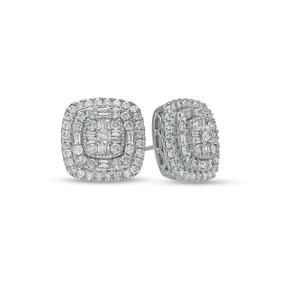 1 CT. T.w. Cushion-Shaped Multi-Diamond Double Frame Layered Stud Earrings in 10K White Gold