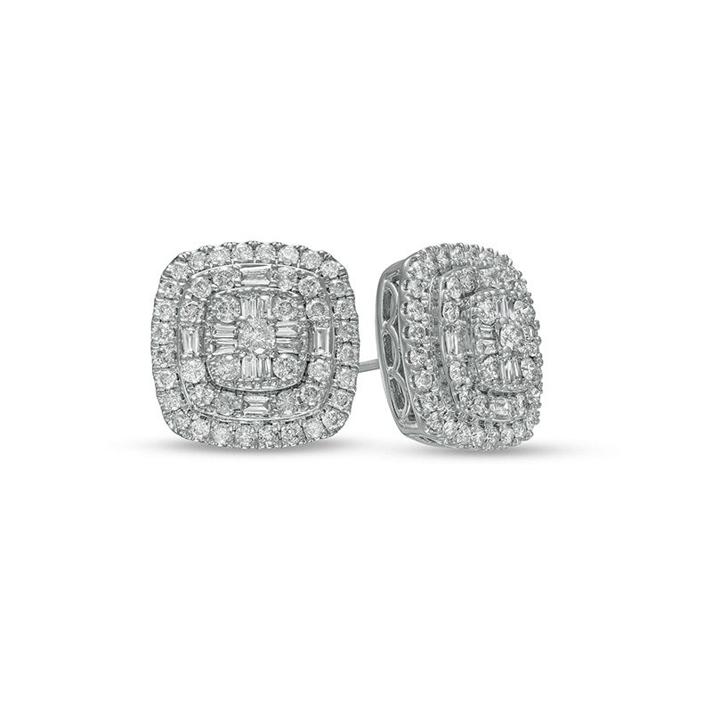 1 CT. T.W. Cushion-Shaped Multi-Diamond Double Frame Layered Stud Earrings in 10K White Gold