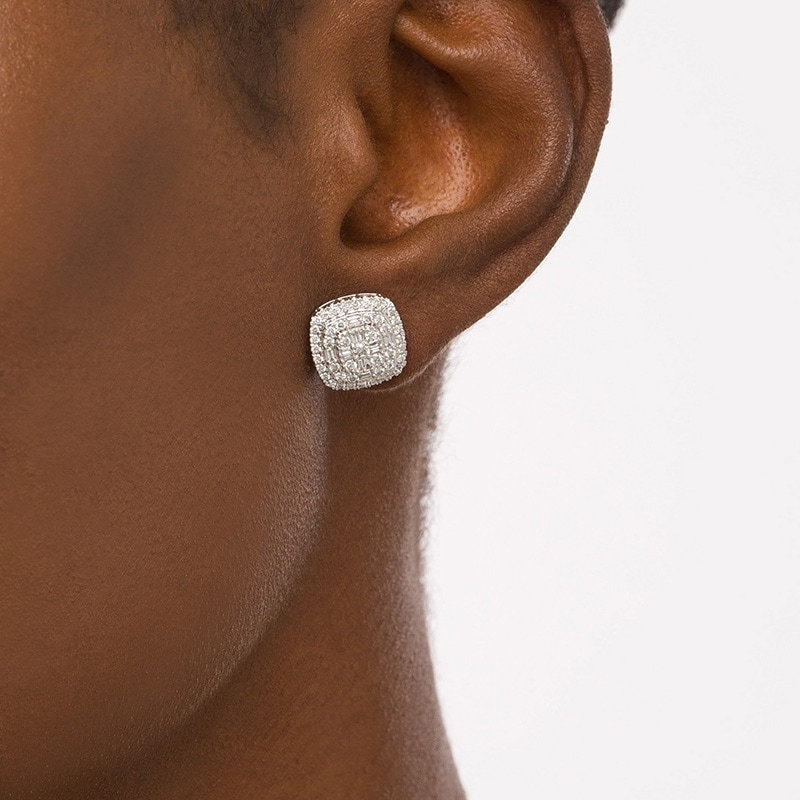 Main Image 2 of 1 CT. T.W. Cushion-Shaped Multi-Diamond Double Frame Layered Stud Earrings in 10K White Gold