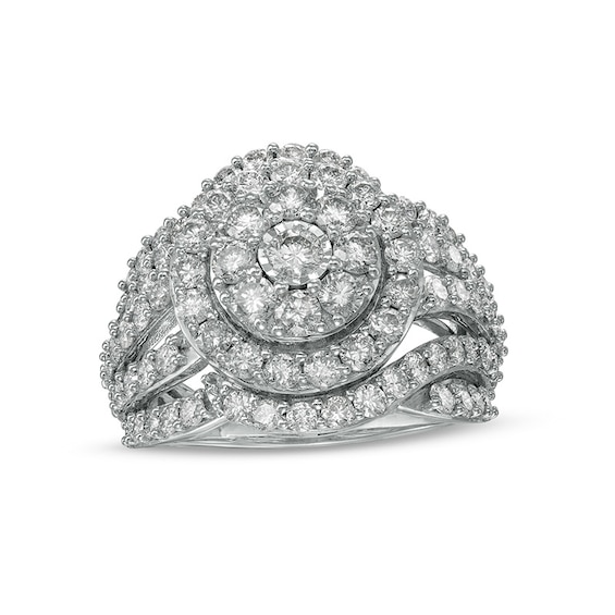 3 CT. T.w. Multi-Diamond Swirl Crossover Split Shank Ring in 10K White Gold