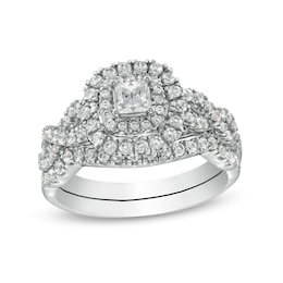 1 CT. T.W. Princess-Cut Diamond Double Frame Twist Shank Bridal Set in 14K White Gold