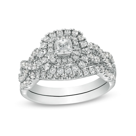 1 CT. T.w. Princess-Cut Diamond Double Frame Twist Shank Bridal Set in 14K White Gold