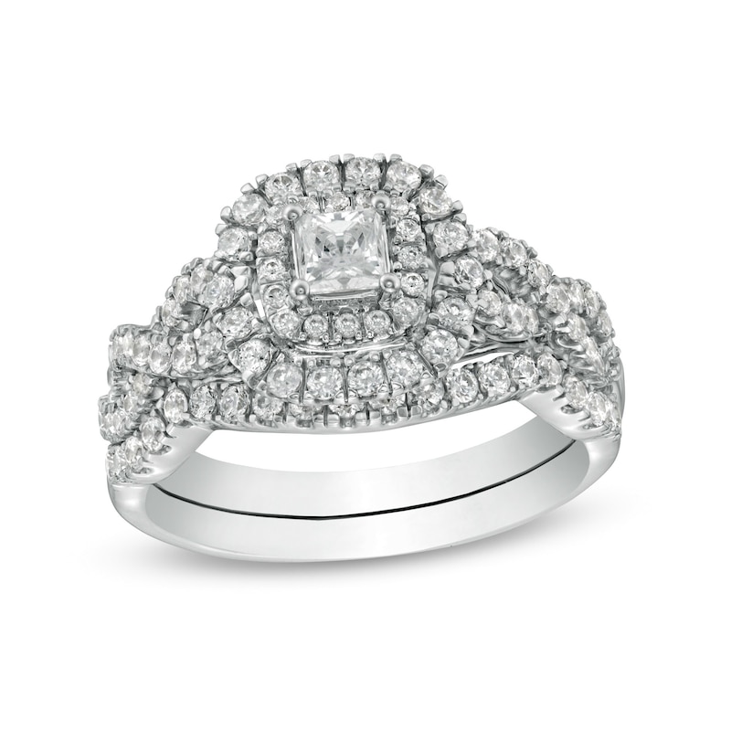 1 CT. T.W. Princess-Cut Diamond Double Frame Twist Shank Bridal Set in 14K White Gold