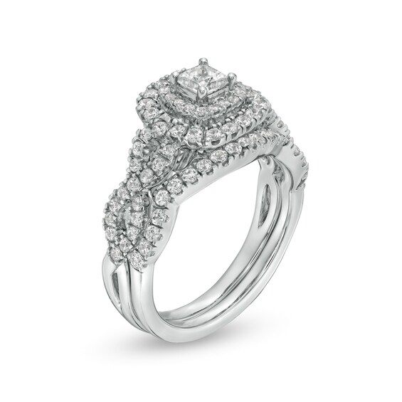 1 CT. T.w. Princess-Cut Diamond Double Frame Twist Shank Bridal Set in 14K White Gold
