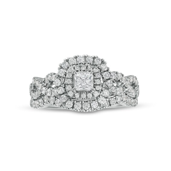 1 CT. T.w. Princess-Cut Diamond Double Frame Twist Shank Bridal Set in 14K White Gold