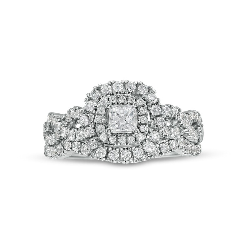 1 CT. T.W. Princess-Cut Diamond Double Frame Twist Shank Bridal Set in 14K White Gold