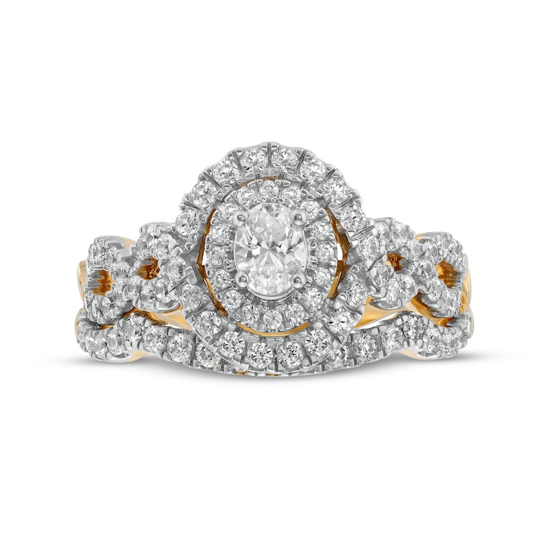 Main Image 4 of 1 CT. T.W. Oval Diamond Double Frame Twist Shank Bridal Set in 14K Gold