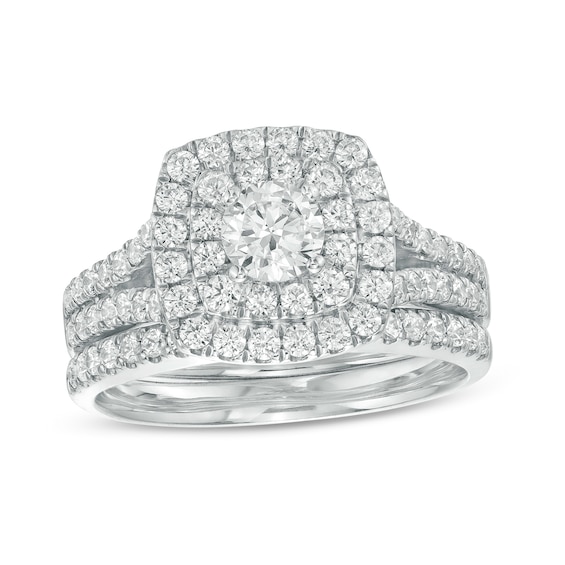 1-1/2 CT. T.w. Certified Diamond Cushion-Shaped Double Frame Split Shank Bridal Set in 14K White Gold (I/I2)