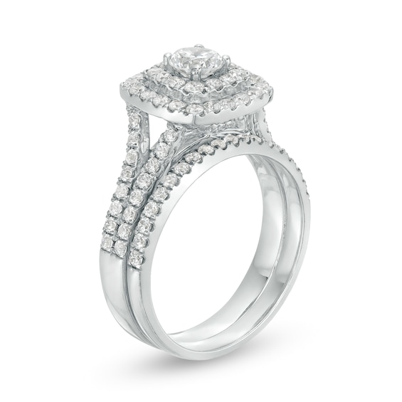 1-1/2 CT. T.w. Certified Diamond Cushion-Shaped Double Frame Split Shank Bridal Set in 14K White Gold (I/I2)