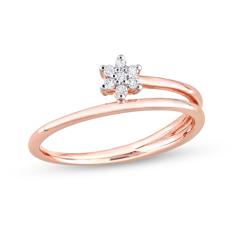 1/15 CT. T.W. Diamond Bypass Flower Promise Ring in Sterling Silver with Rose Rhodium