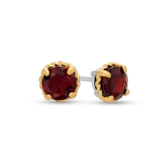 6.0mm Garnet Solitaire Rope-Textured Frame Stud Earrings in Sterling Silver and 10K Gold