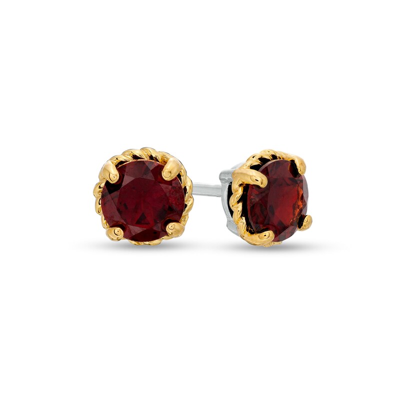 6.0mm Garnet Solitaire Rope-Textured Frame Stud Earrings in Sterling Silver and 10K Gold