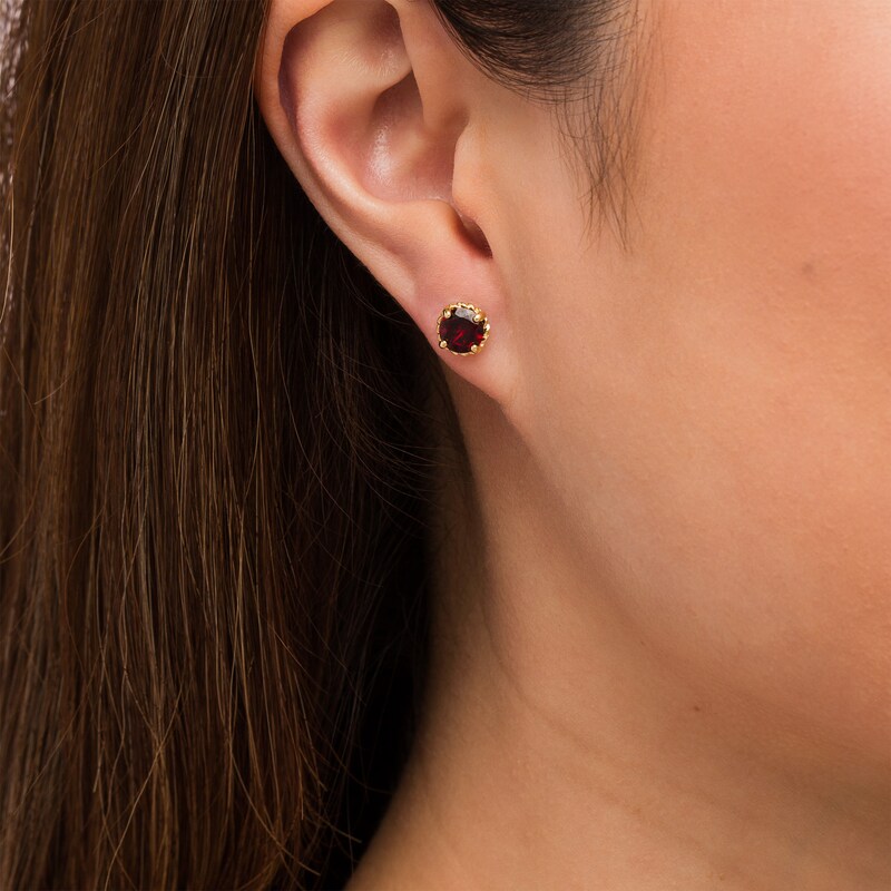 Main Image 2 of 6.0mm Garnet Solitaire Rope-Textured Frame Stud Earrings in Sterling Silver and 10K Gold