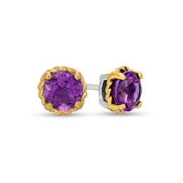 6.0mm Amethyst Solitaire Rope-Textured Frame Stud Earrings in Sterling Silver and 10K Gold