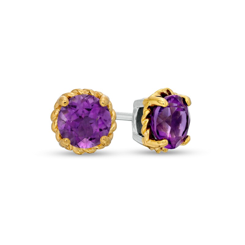 Main Image 1 of 6.0mm Amethyst Solitaire Rope-Textured Frame Stud Earrings in Sterling Silver and 10K Gold