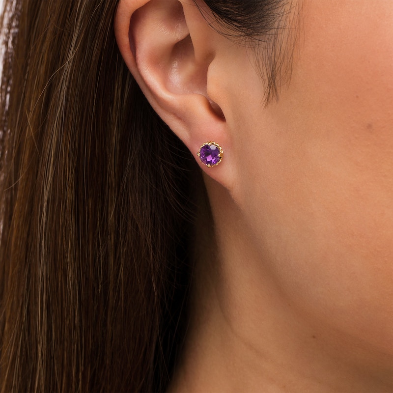 Main Image 2 of 6.0mm Amethyst Solitaire Rope-Textured Frame Stud Earrings in Sterling Silver and 10K Gold