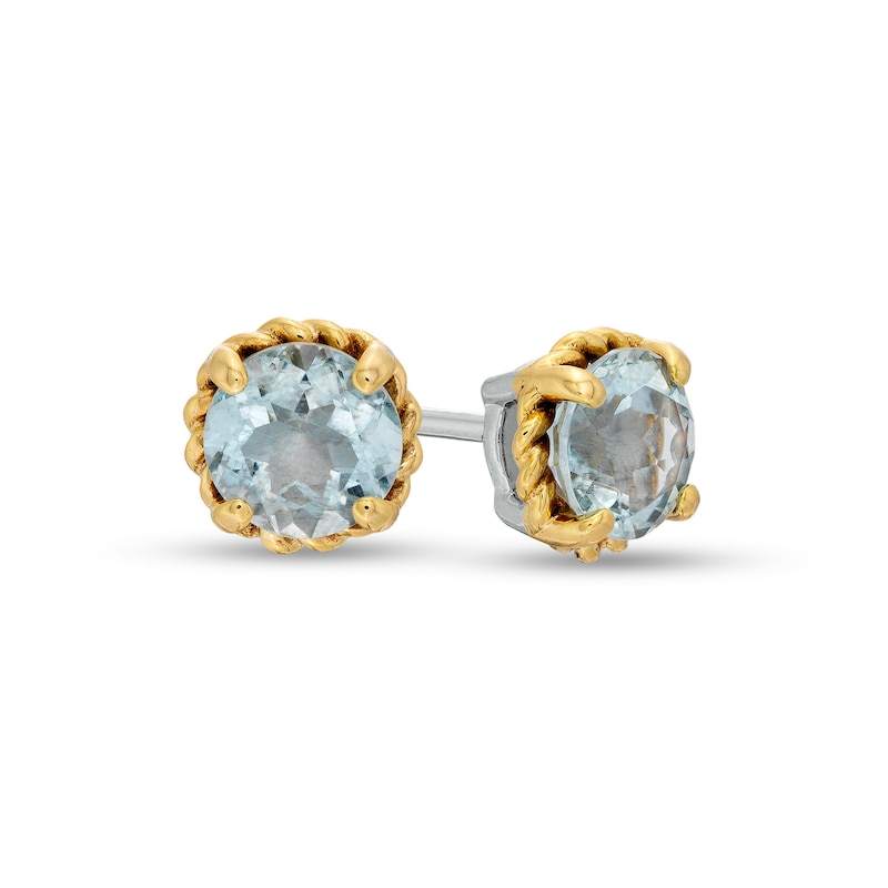 6.0mm Aquamarine Solitaire Rope-Textured Frame Stud Earrings in Sterling Silver and 10K Gold