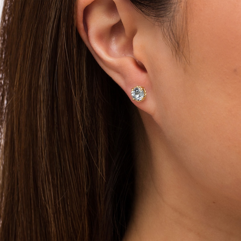 Main Image 2 of 6.0mm Aquamarine Solitaire Rope-Textured Frame Stud Earrings in Sterling Silver and 10K Gold