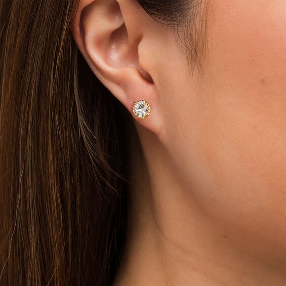 6.0mm White Topaz Solitaire Rope-Textured Frame Stud Earrings in Sterling Silver and 10K Gold