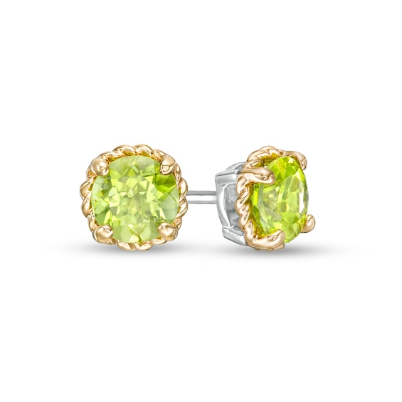 6.0mm Peridot Solitaire Rope-Textured Frame Stud Earrings in Sterling Silver and 10K Gold
