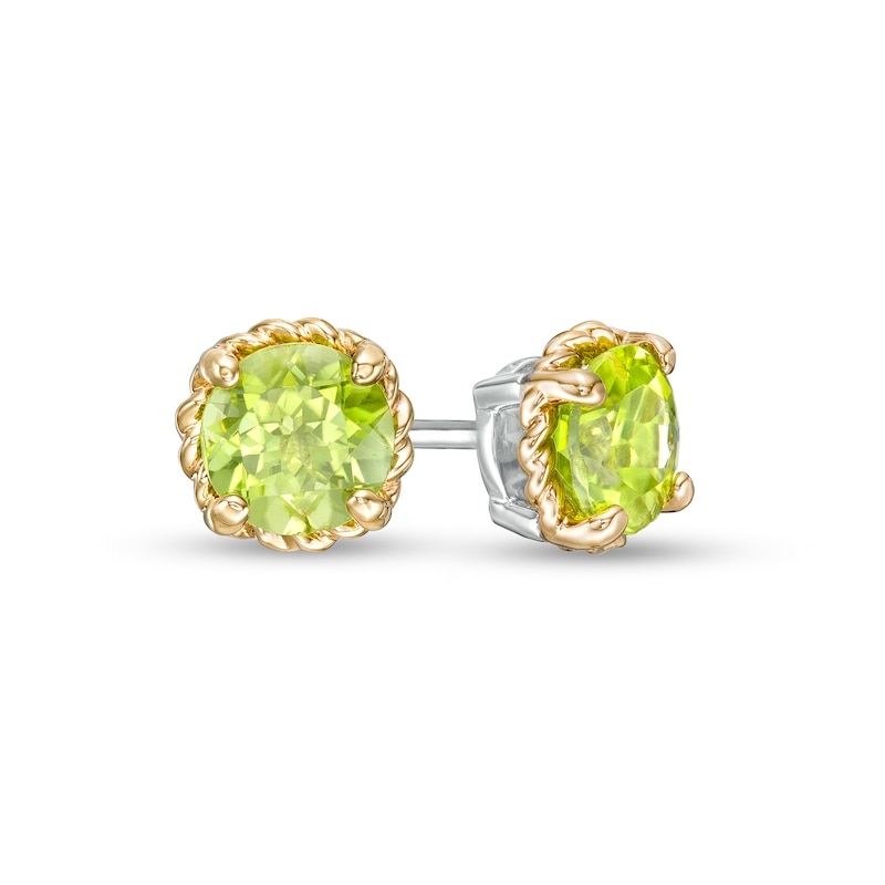 Main Image 1 of 6.0mm Peridot Solitaire Rope-Textured Frame Stud Earrings in Sterling Silver and 10K Gold