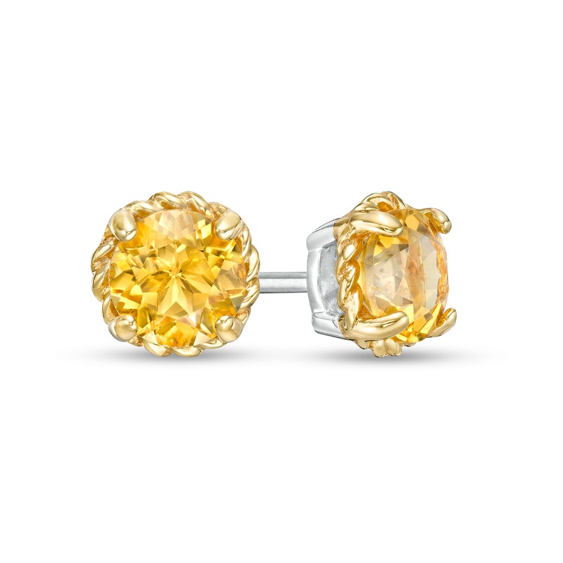 Main Image 1 of 6.0mm Citrine Solitaire Rope-Textured Frame Stud Earrings in Sterling Silver and 10K Gold